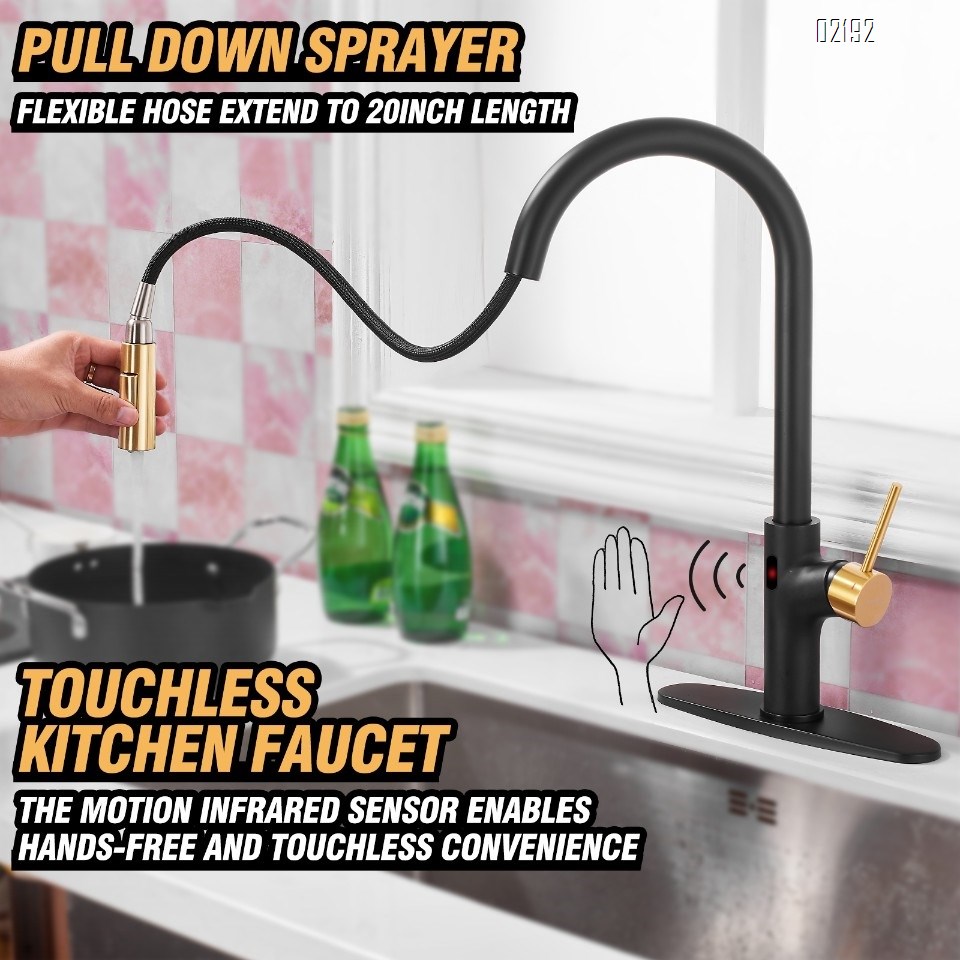 Touchless Kitchen Faucet, Stainless Steel Motion Sensor Kitchen Faucet with Pull Down Sprayer, Single Handle Hands-Free Smart Activated Faucet for Kitchen Sink, Black and Gold