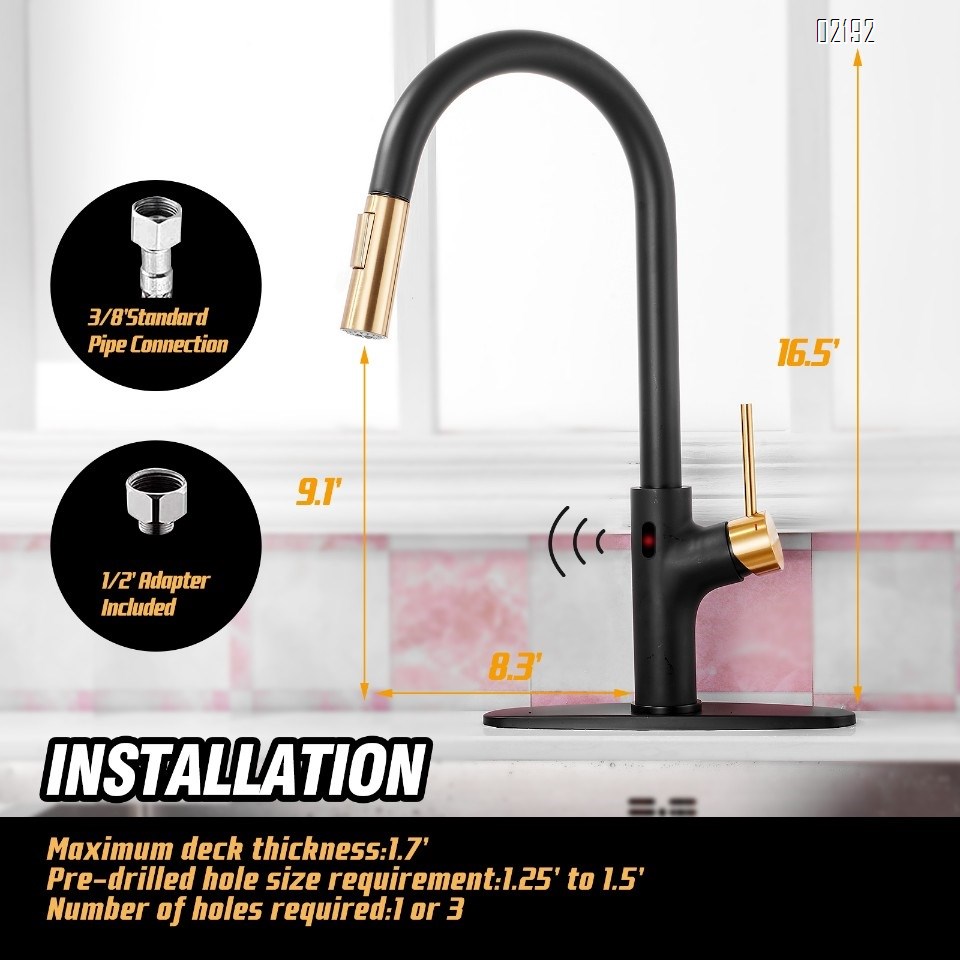 Touchless Kitchen Faucet, Stainless Steel Motion Sensor Kitchen Faucet with Pull Down Sprayer, Single Handle Hands-Free Smart Activated Faucet for Kitchen Sink, Black and Gold