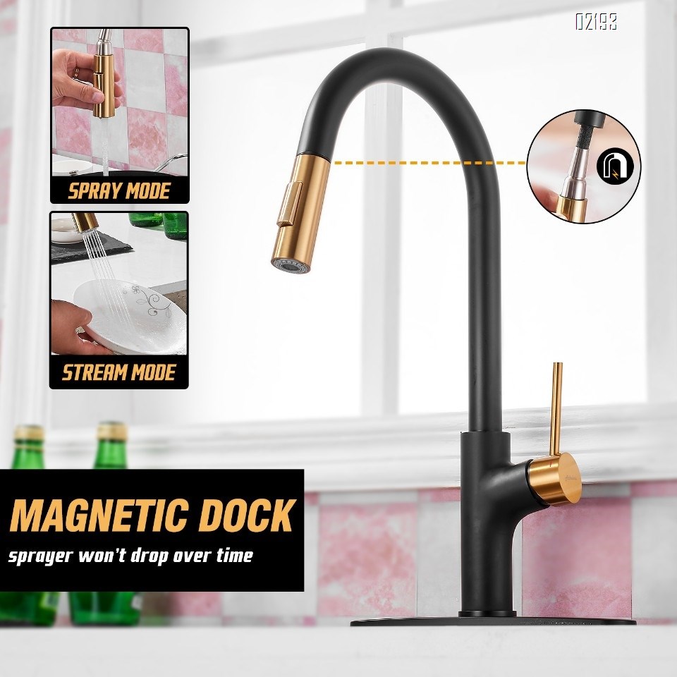 Black and Gold Kitchen Faucet with Pull Down Magnetic Docking Sprayer,Stainless Steel Pull Out RV Kitchen Sink Faucets,Single Handle Deck Mount,Grifos De Cocina (Black and Gold)