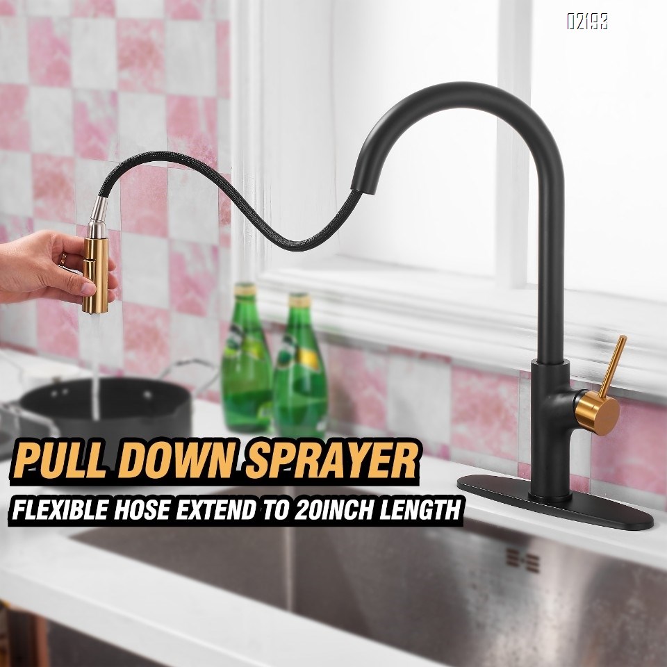 Black and Gold Kitchen Faucet with Pull Down Magnetic Docking Sprayer,Stainless Steel Pull Out RV Kitchen Sink Faucets,Single Handle Deck Mount,Grifos De Cocina (Black and Gold)