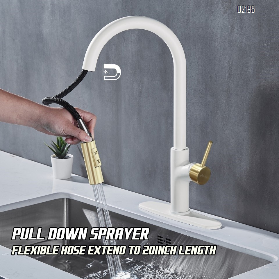 White and Gold Kitchen Faucet with Pull Down Magnetic Docking Sprayer,Stainless Steel Pull Out RV Kitchen Sink Faucets,Single Handle Deck Mount,Grifos De Cocina