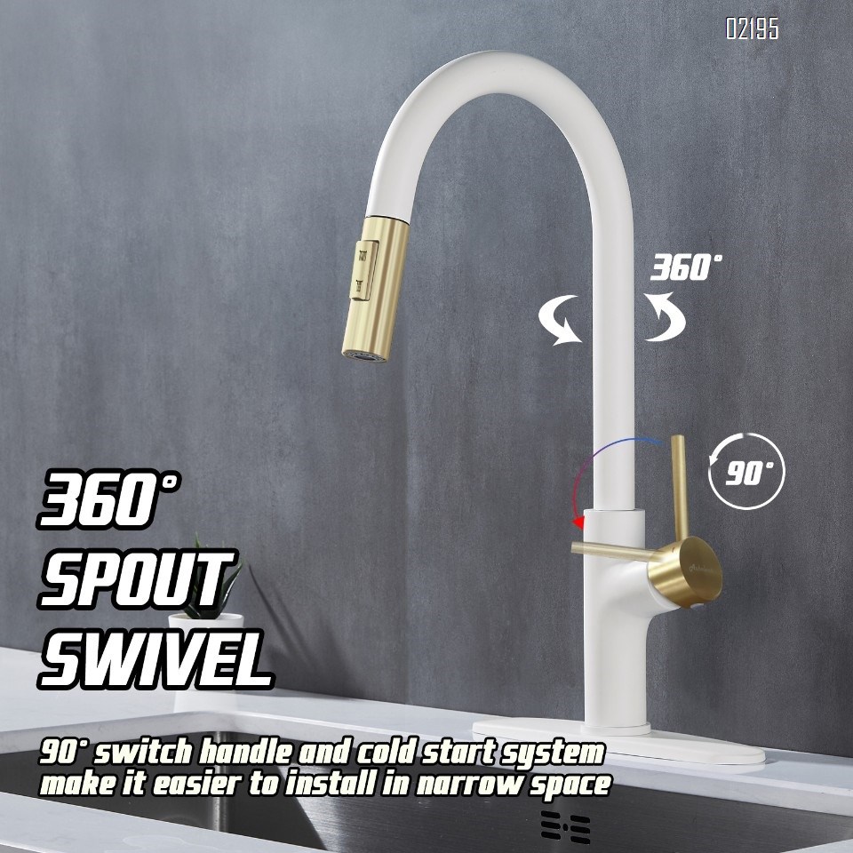 White and Gold Kitchen Faucet with Pull Down Magnetic Docking Sprayer,Stainless Steel Pull Out RV Kitchen Sink Faucets,Single Handle Deck Mount,Grifos De Cocina