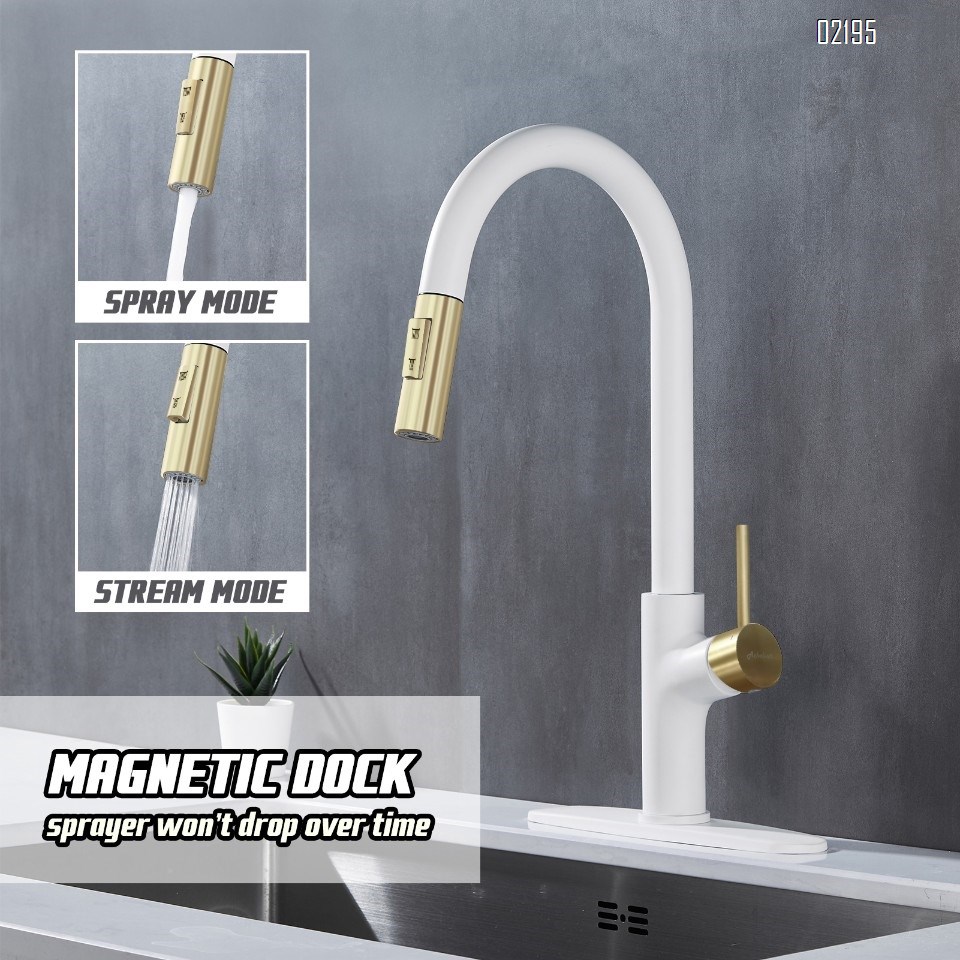 White and Gold Kitchen Faucet with Pull Down Magnetic Docking Sprayer,Stainless Steel Pull Out RV Kitchen Sink Faucets,Single Handle Deck Mount,Grifos De Cocina