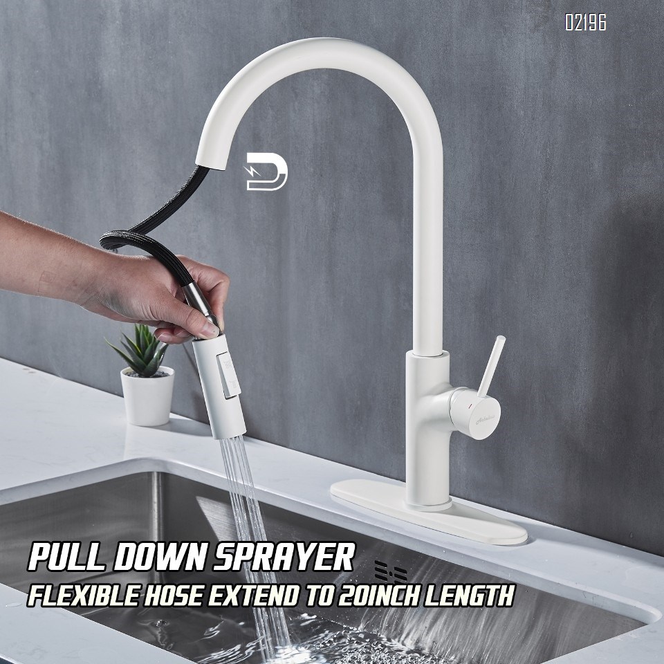 White Kitchen Faucet with Pull Down Magnetic Docking Sprayer,Modern Stainless Steel Pull Out RV Kitchen Sink Faucets,Single Handle Deck Mount,Grifos De Cocina