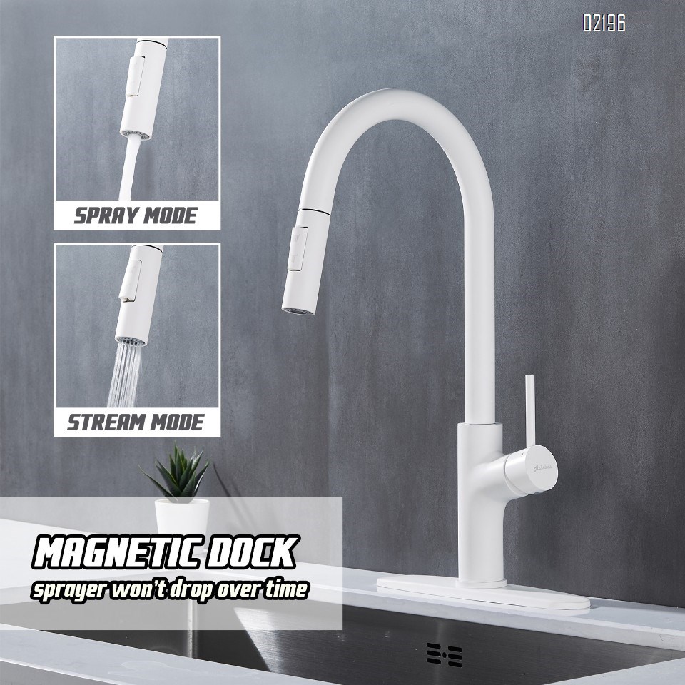 White Kitchen Faucet with Pull Down Magnetic Docking Sprayer,Modern Stainless Steel Pull Out RV Kitchen Sink Faucets,Single Handle Deck Mount,Grifos De Cocina