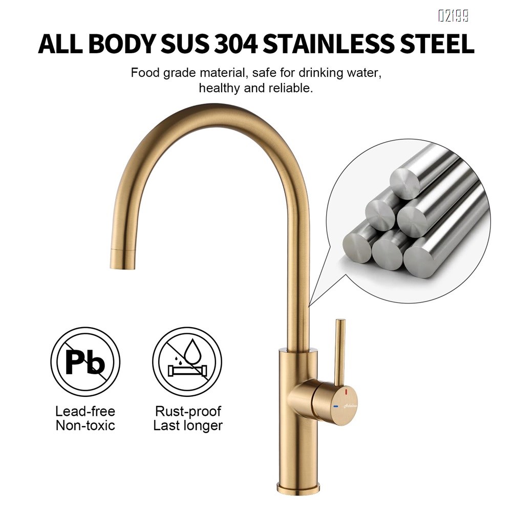 Single Handle Kitchen Bar Sink Faucet, Brushed Gold Wet Bar Sink Faucet Stainless Steel Single Hole, 360 Swivel Tap for Farmhouse RV Camper Outdoor Utility Bathroom