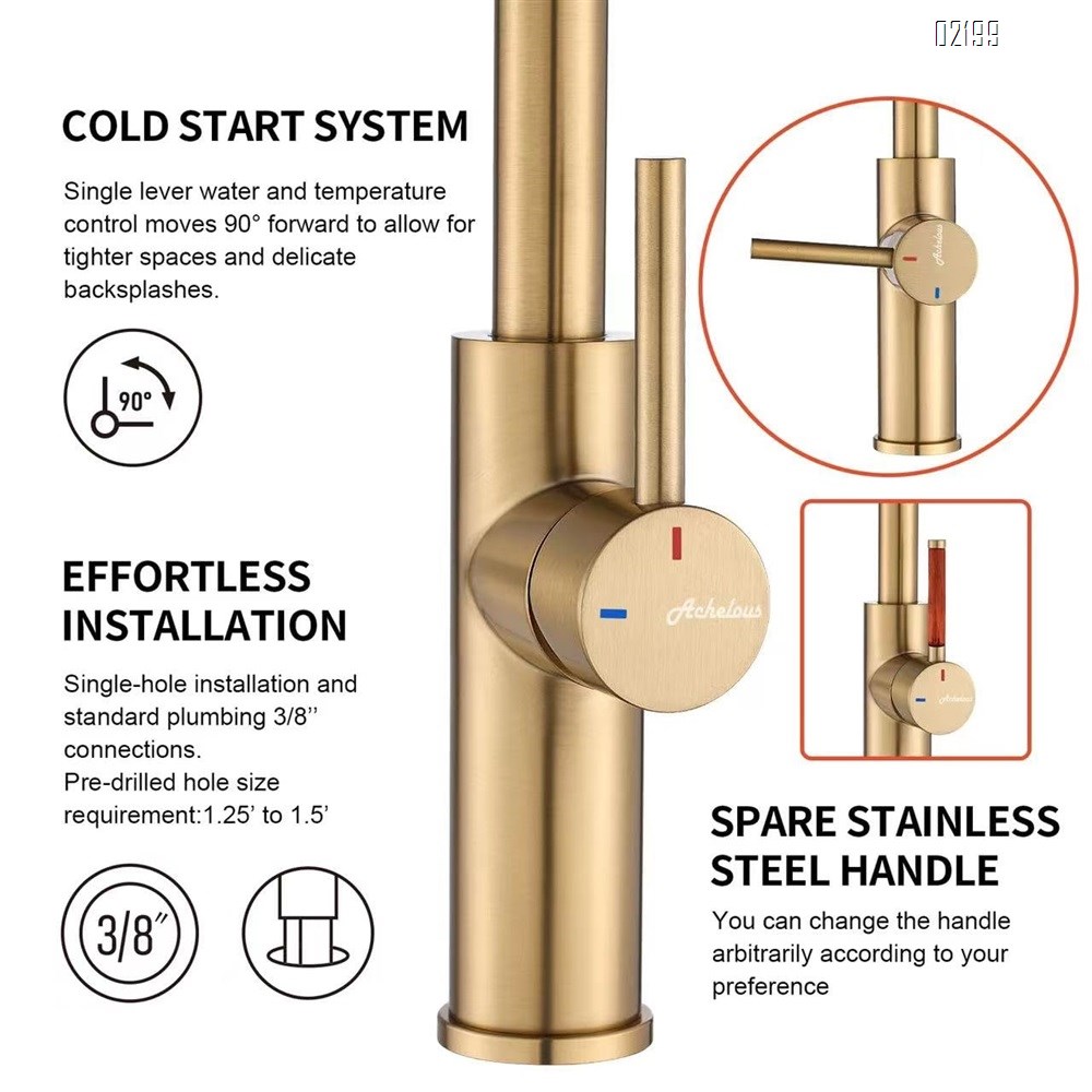 Single Handle Kitchen Bar Sink Faucet, Brushed Gold Wet Bar Sink Faucet Stainless Steel Single Hole, 360 Swivel Tap for Farmhouse RV Camper Outdoor Utility Bathroom