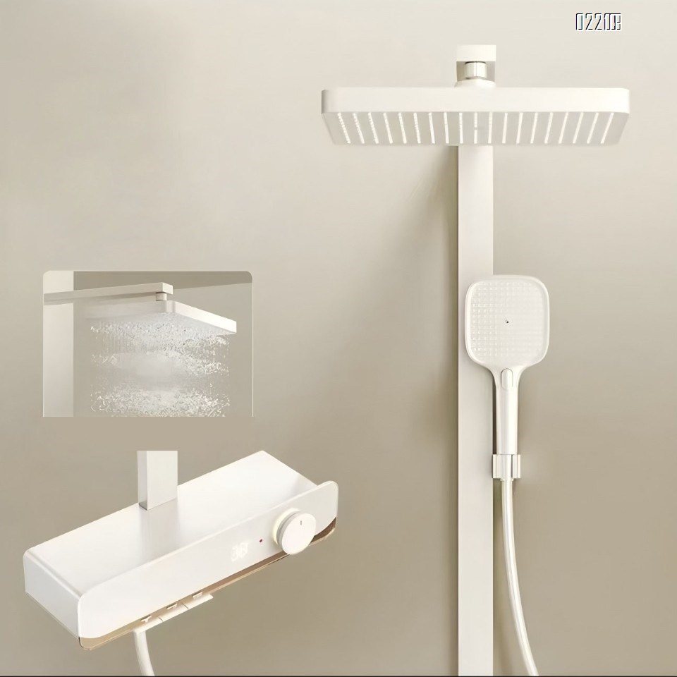 Gun gray thermostatic shower set with pressure-increasing wall-mounted Brass large storage design and button water outlet