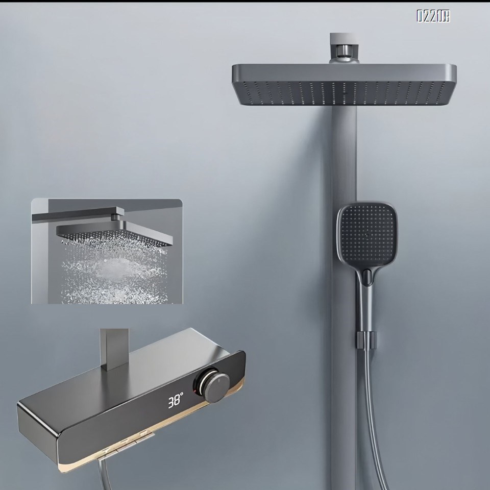 Gun gray thermostatic shower set with pressure-increasing wall-mounted Brass large storage design and button water outlet