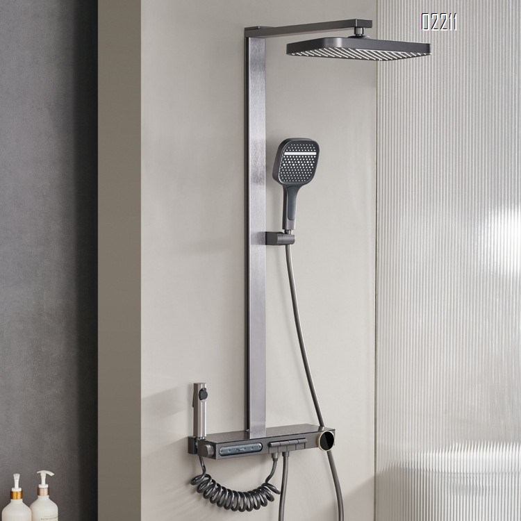 Brass Shower Head Set with Thermostatic Temperature Digital Display Home Use Athmosphere Light Gun Grey Piano Key Tap