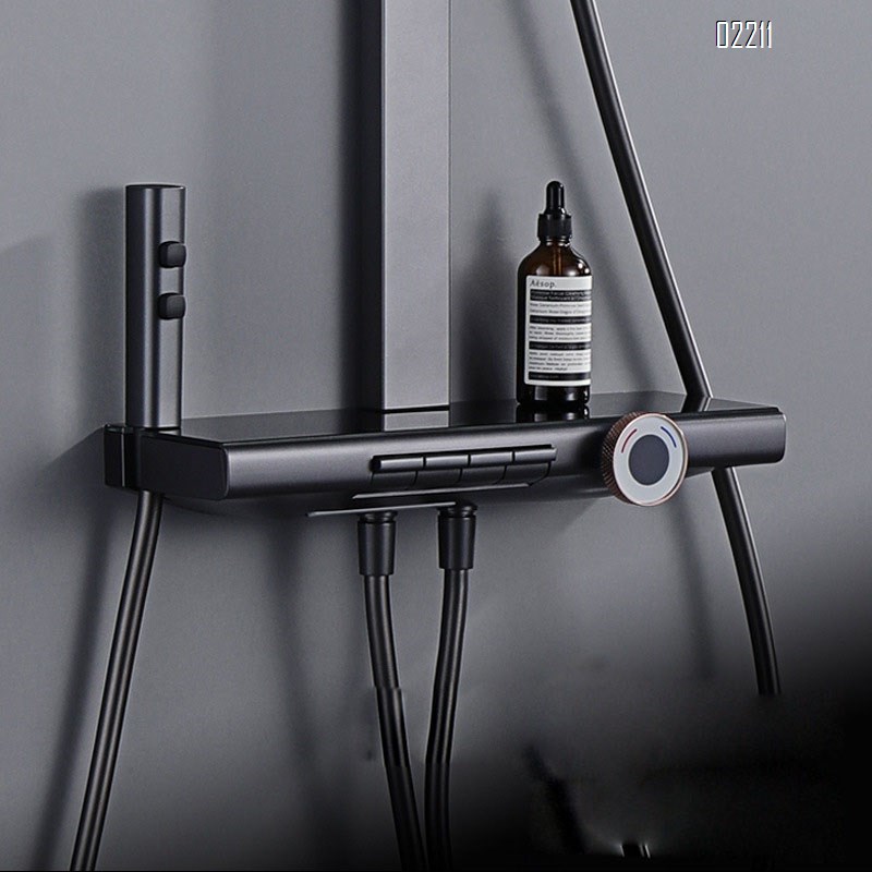 Brass Shower Head Set with Thermostatic Temperature Digital Display Home Use Athmosphere Light Gun Grey Piano Key Tap