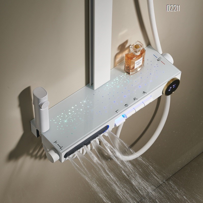 Brass Shower Head Set with Thermostatic Temperature Digital Display Home Use Athmosphere Light Gun Grey Piano Key Tap