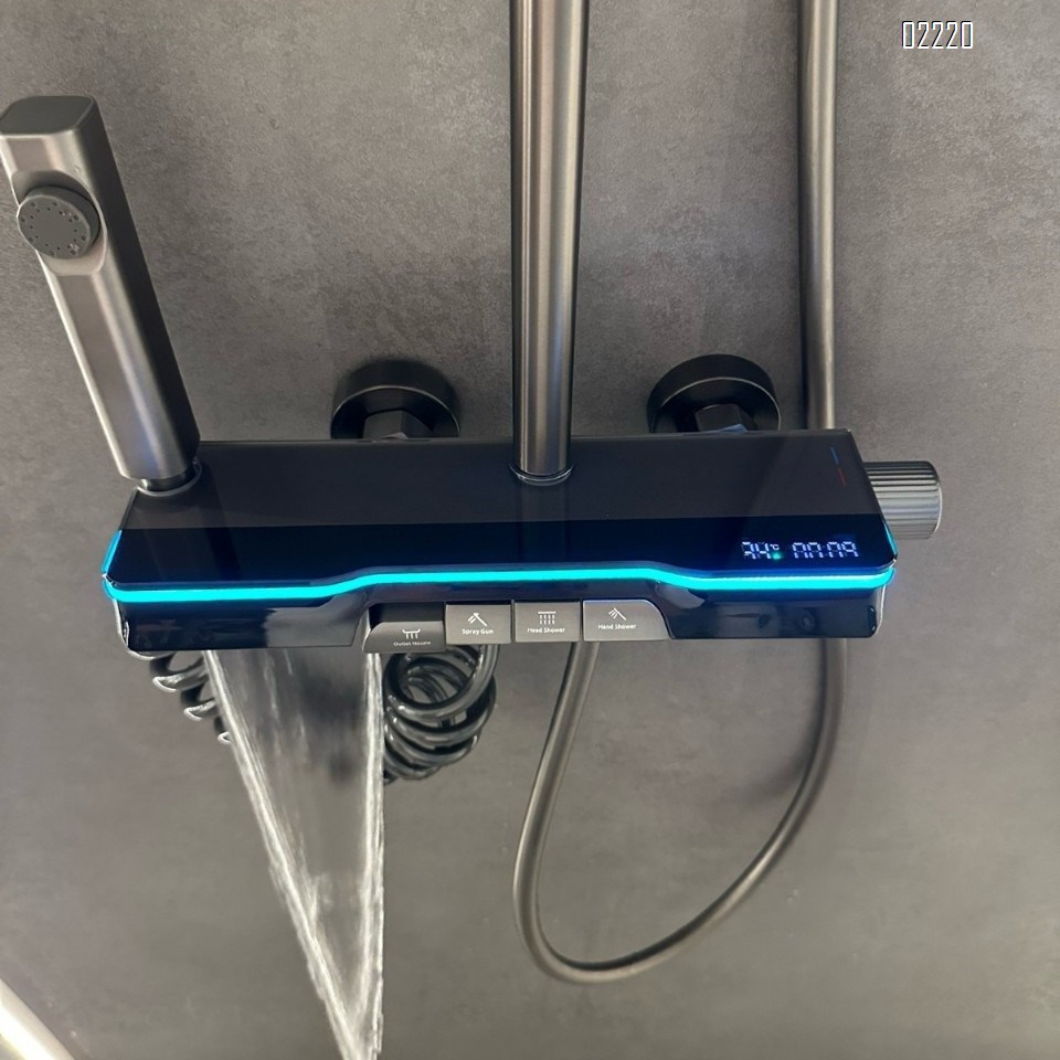 Gun gray piano key digital shower faucet head set with Brass temperature control and button pressure increase for home use