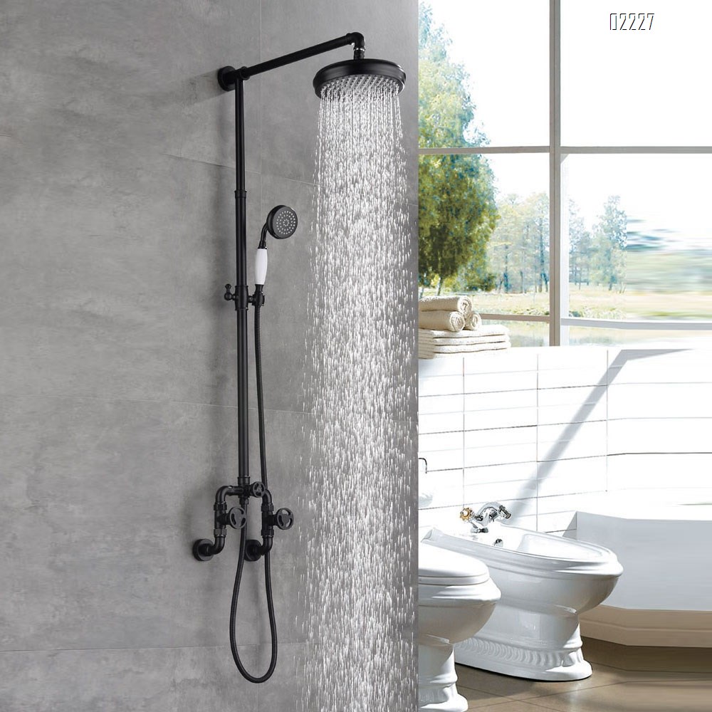Retro industrial shower faucet set with exposed Brass black cold and hot wall-mounted three-function large shower faucet
