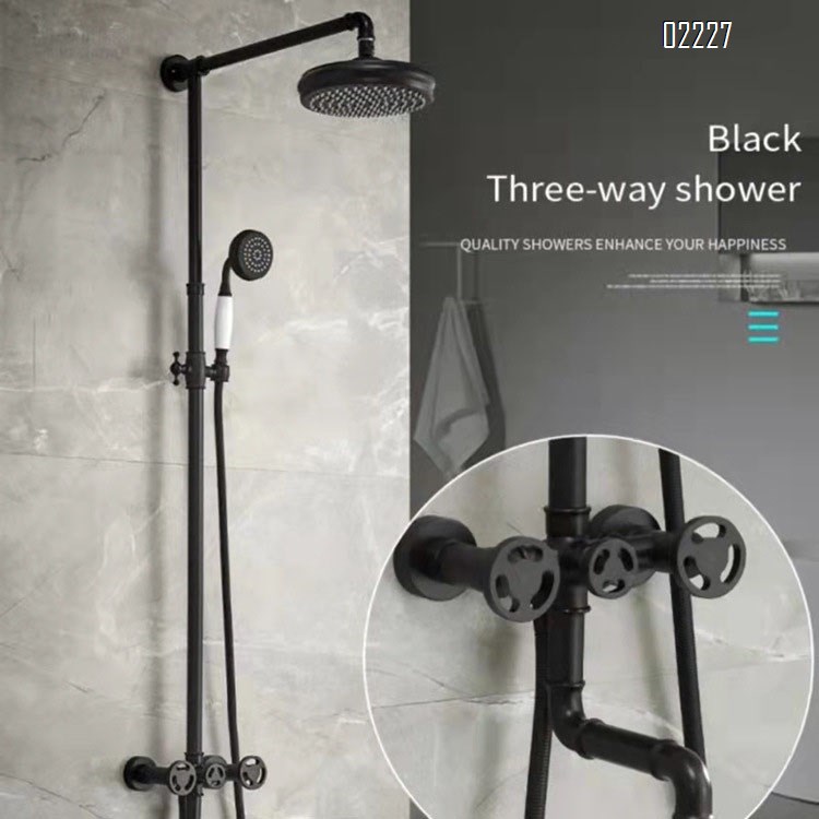 Retro industrial shower faucet set with exposed Brass black cold and hot wall-mounted three-function large shower faucet