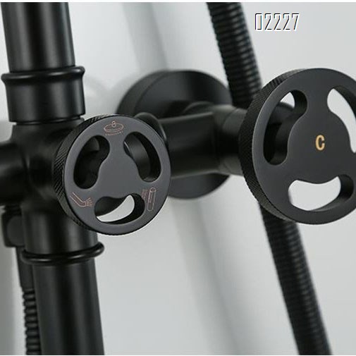 Retro industrial shower faucet set with exposed Brass black cold and hot wall-mounted three-function large shower faucet