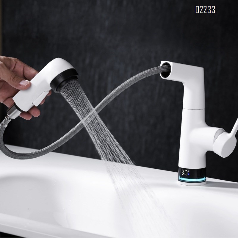 Brass White pull-out Digital Display basin faucet bathroom wash basin wash basin cold and hot faucet rotatable lifting