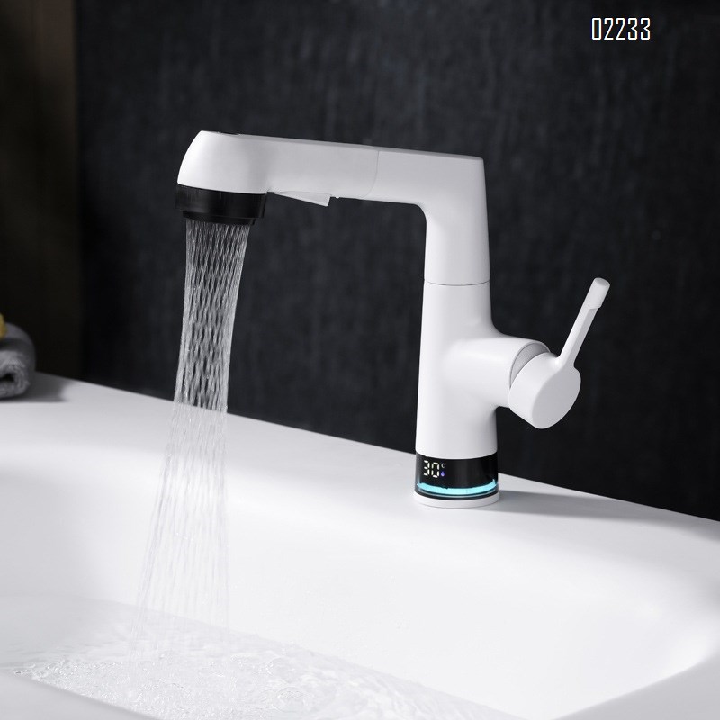 Brass White pull-out Digital Display basin faucet bathroom wash basin wash basin cold and hot faucet rotatable lifting