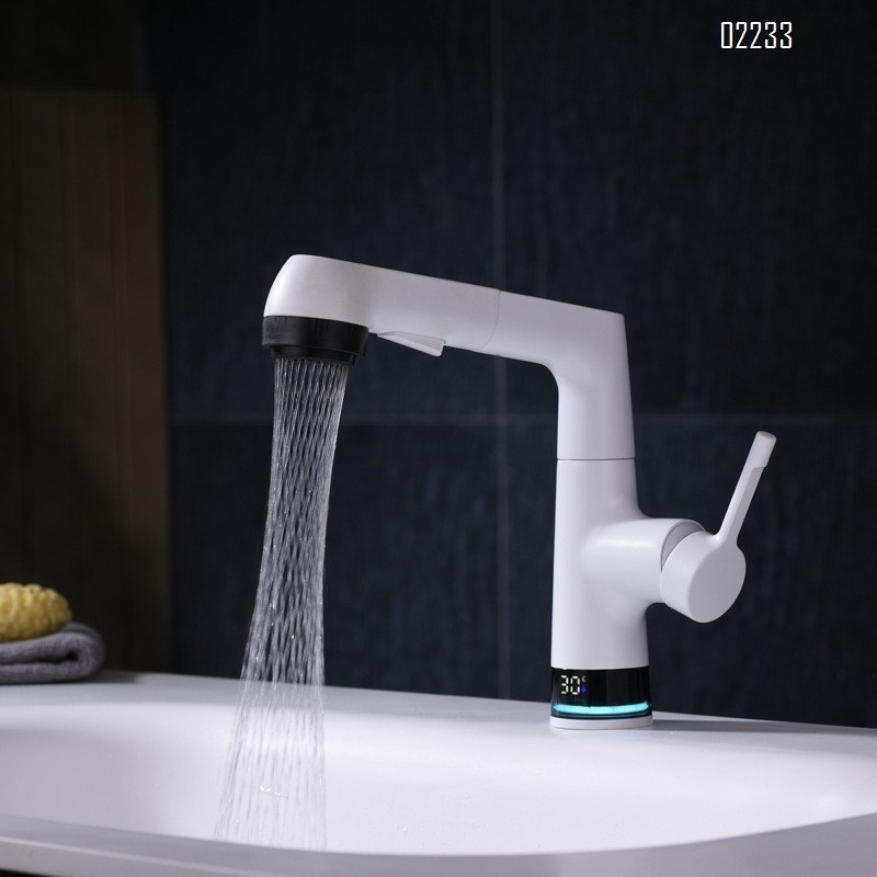 Brass White pull-out Digital Display basin faucet bathroom wash basin wash basin cold and hot faucet rotatable lifting