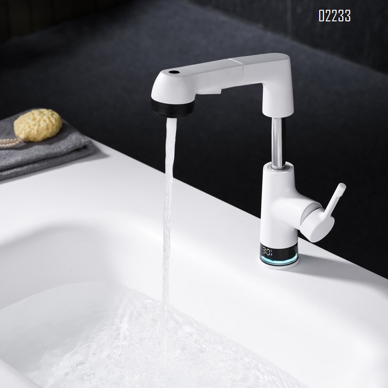 Brass White pull-out Digital Display basin faucet bathroom wash basin wash basin cold and hot faucet rotatable lifting