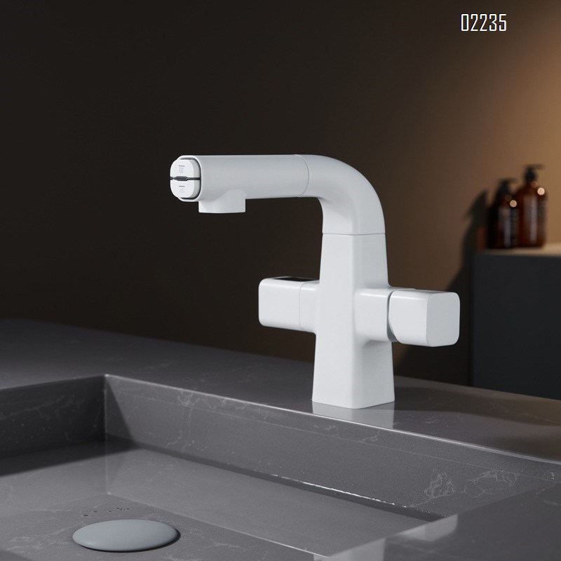 Brass White pull-out lift-up faucet for wash basin with multifunctional cold and hot water spout Tap