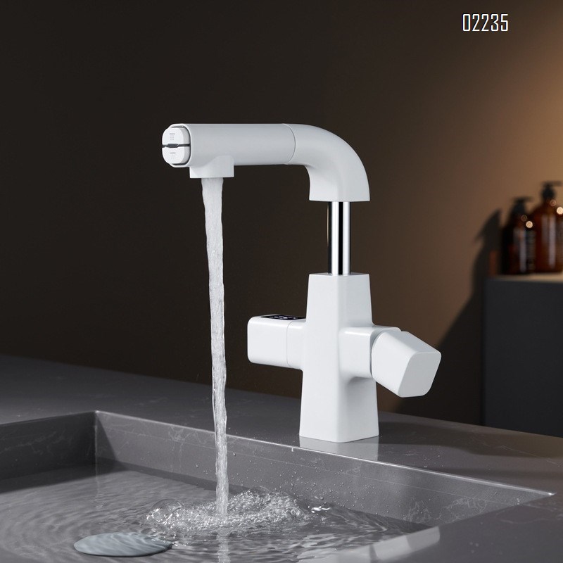 Brass White pull-out lift-up faucet for wash basin with multifunctional cold and hot water spout Tap