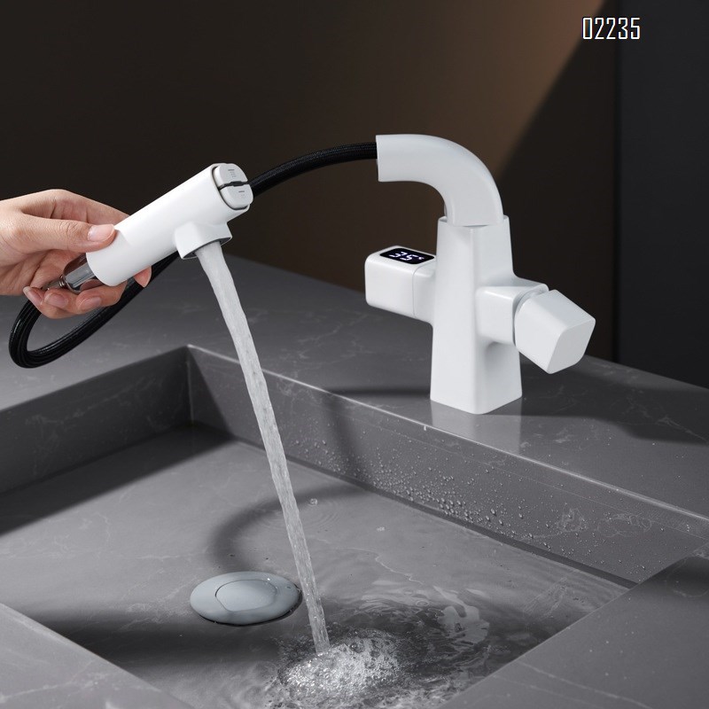 Brass White pull-out lift-up faucet for wash basin with multifunctional cold and hot water spout Tap