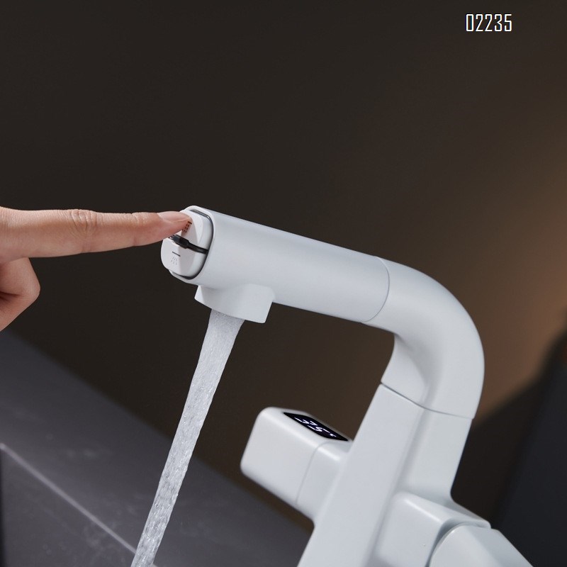 Brass White pull-out lift-up faucet for wash basin with multifunctional cold and hot water spout Tap