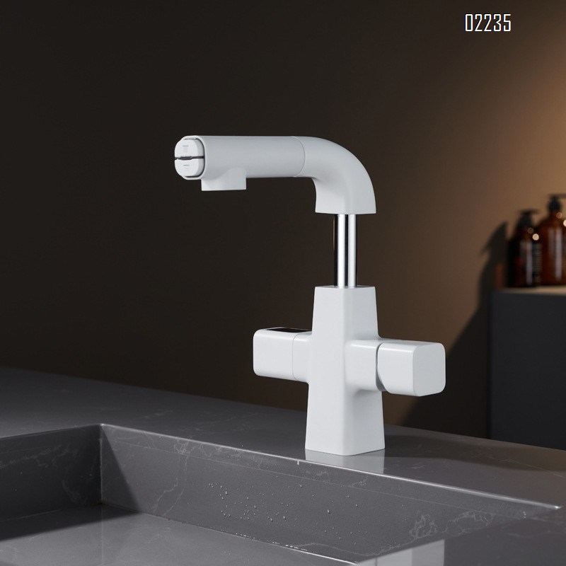 Brass White pull-out lift-up faucet for wash basin with multifunctional cold and hot water spout Tap