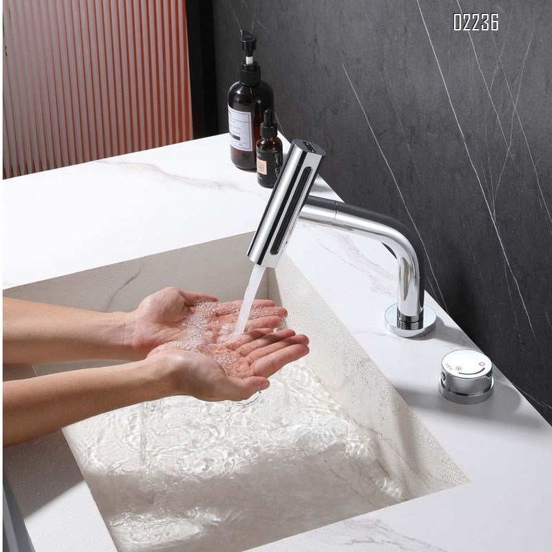 Bathroom Washbasin Splash-Proof Faucet Double Hole Split Pull-Out Hot and Cold Faucet Multi-Function Water Outlet