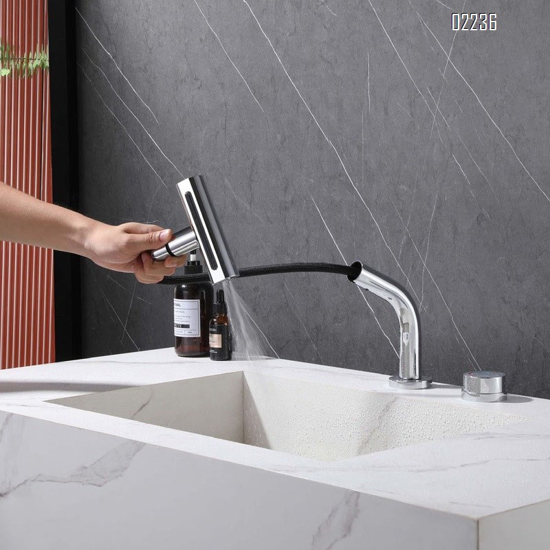 Bathroom Washbasin Splash-Proof Faucet Double Hole Split Pull-Out Hot and Cold Faucet Multi-Function Water Outlet