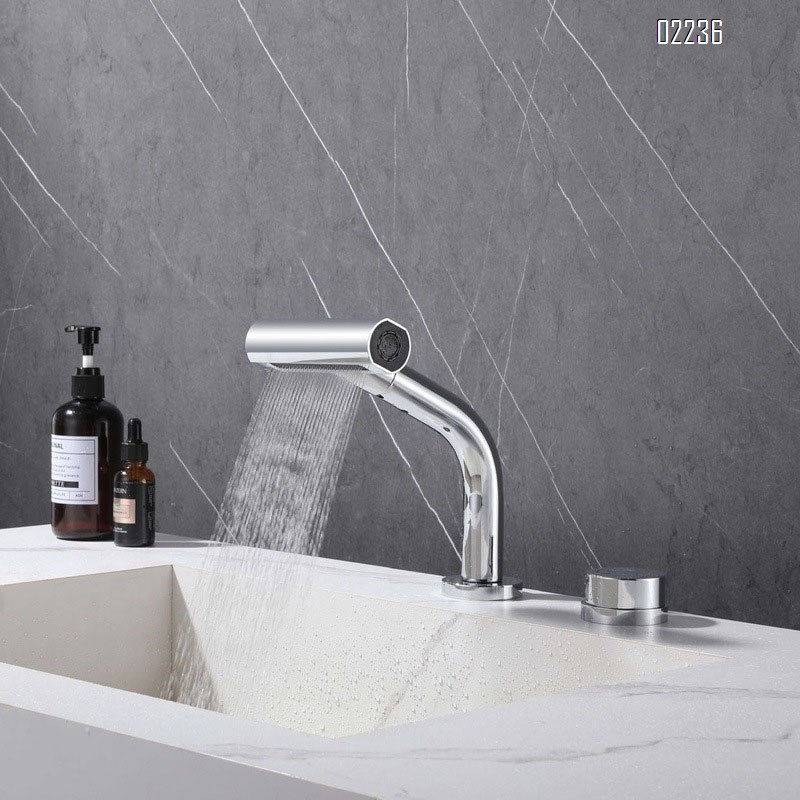 Bathroom Washbasin Splash-Proof Faucet Double Hole Split Pull-Out Hot and Cold Faucet Multi-Function Water Outlet