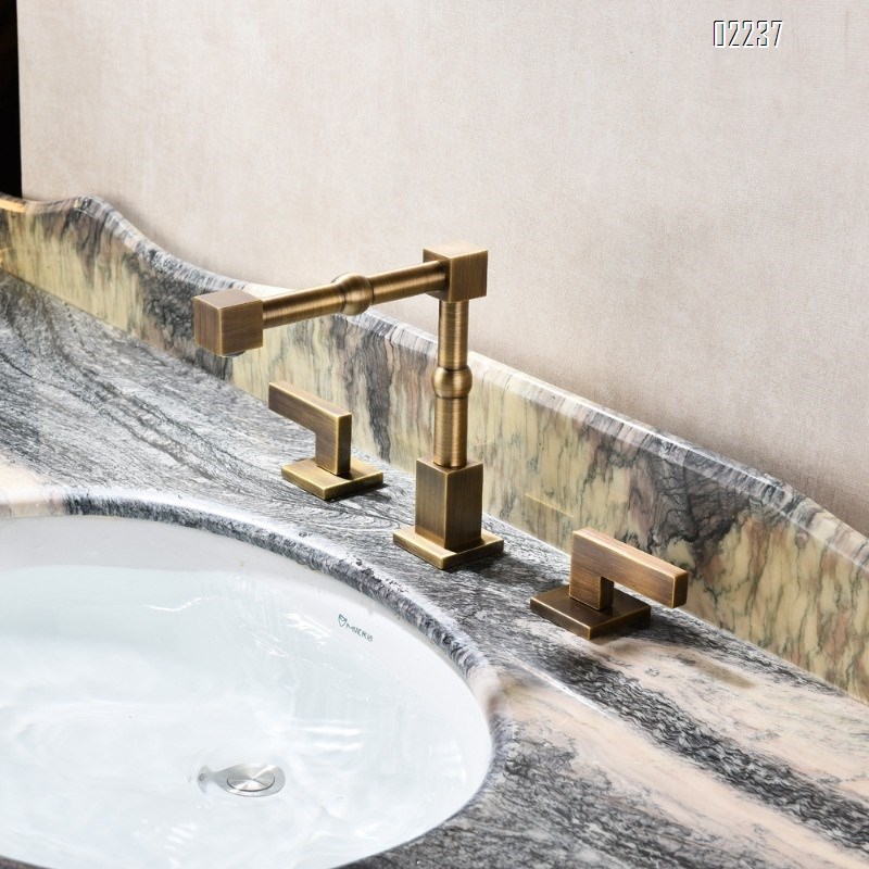 European Retro Rotating Hot and Cold Faucet Three-Hole Split Double Handle Bathroom Cabinet Basin Sink Faucet
