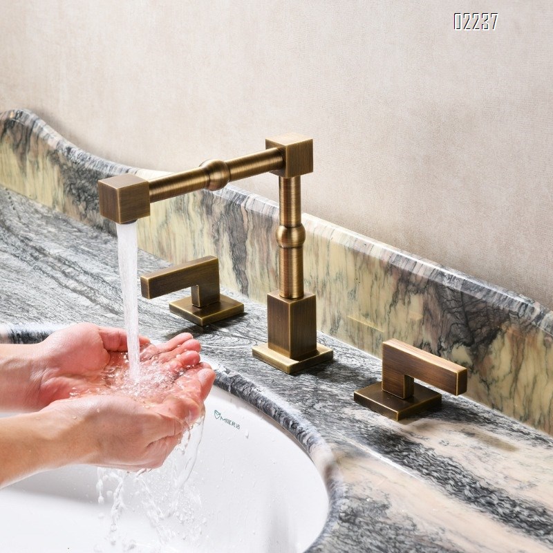 European Retro Rotating Hot and Cold Faucet Three-Hole Split Double Handle Bathroom Cabinet Basin Sink Faucet