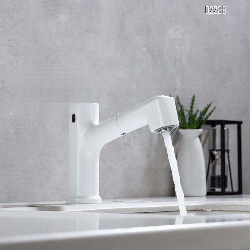 White Multi Functional Extra Long Pull-out Hot and Cold Faucet Bathroom Basin Smart Sensor Digital Display Faucet