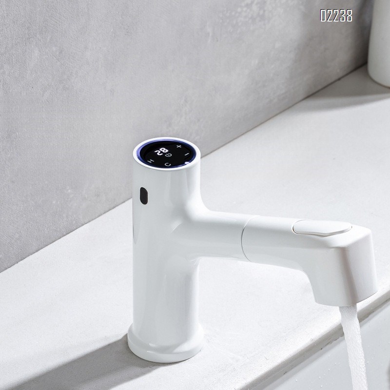 White Multi Functional Extra Long Pull-out Hot and Cold Faucet Bathroom Basin Smart Sensor Digital Display Faucet