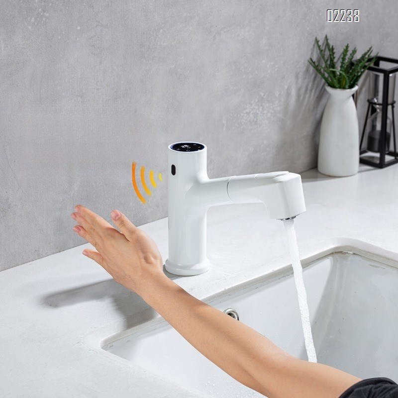 White Multi Functional Extra Long Pull-out Hot and Cold Faucet Bathroom Basin Smart Sensor Digital Display Faucet