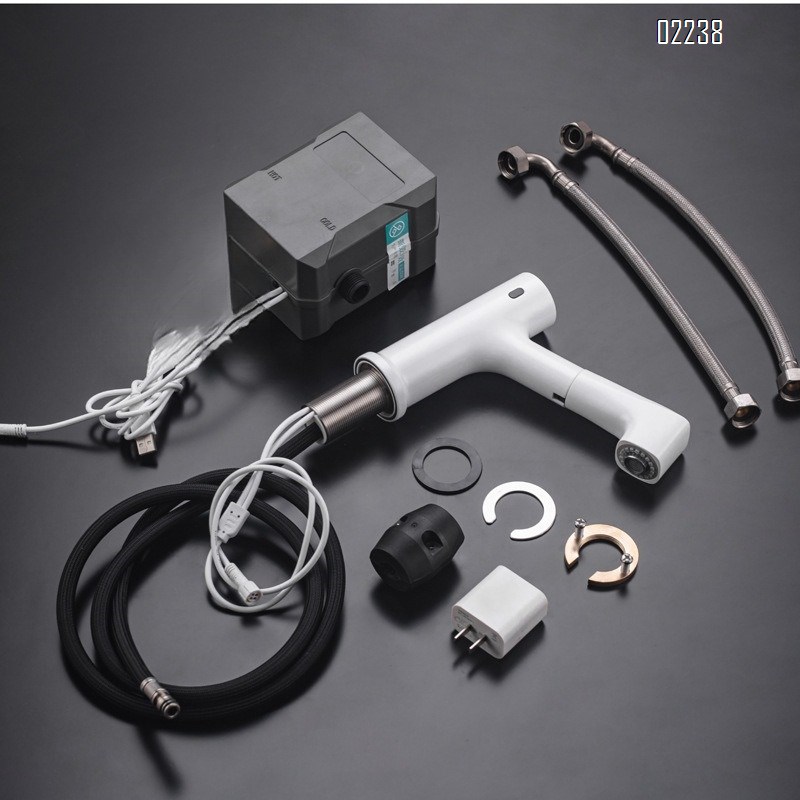 White Multi Functional Extra Long Pull-out Hot and Cold Faucet Bathroom Basin Smart Sensor Digital Display Faucet