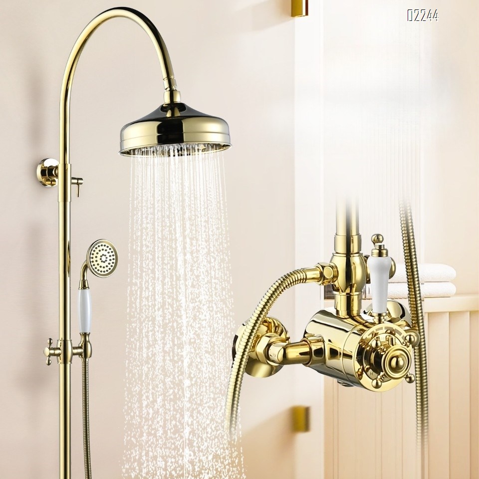 European Luxury Gold Retro Thermostatic Shower Head Set for Home Use Adjustable Brass Tap