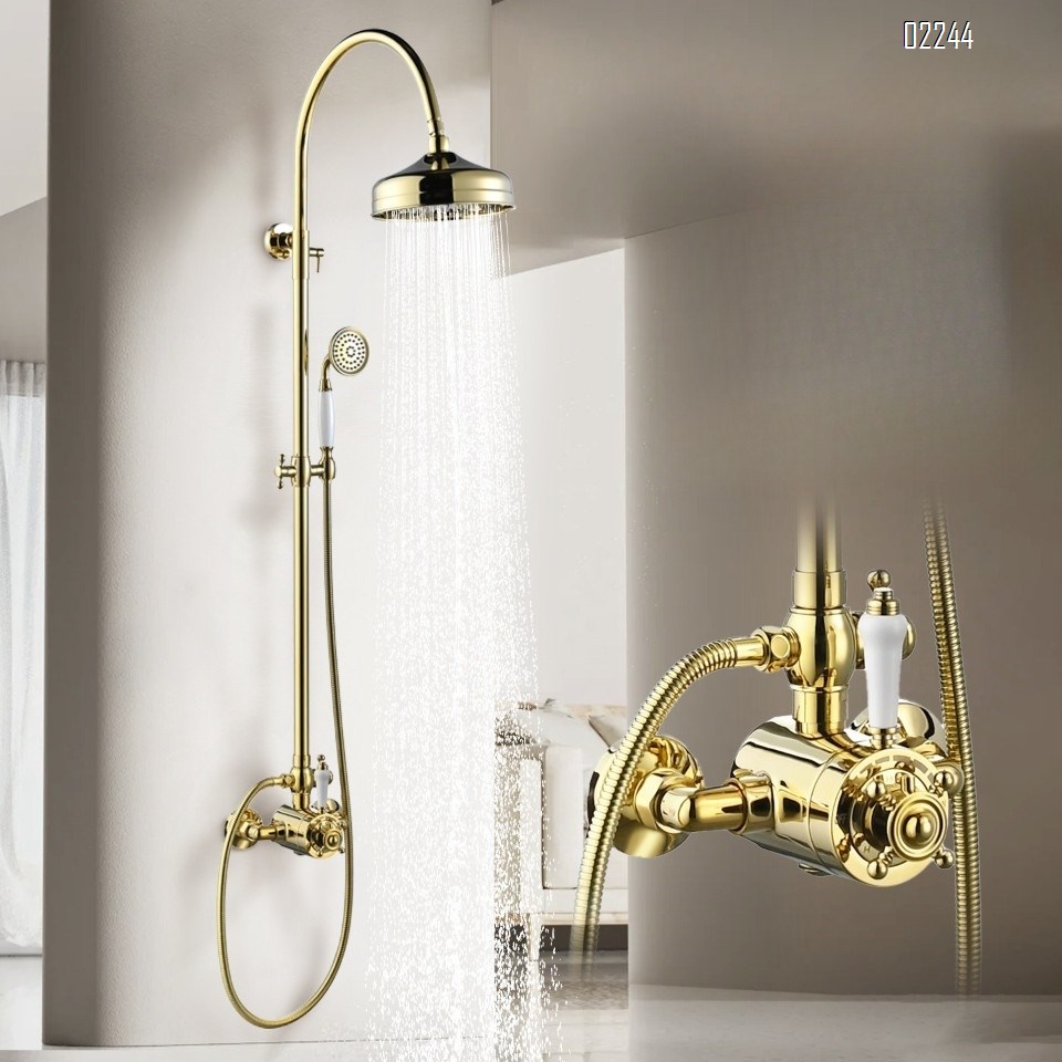 European Luxury Gold Retro Thermostatic Shower Head Set for Home Use Adjustable Brass Tap