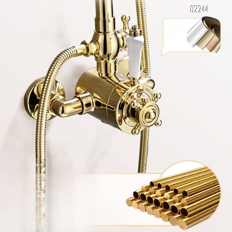 European Luxury Gold Retro Thermostatic Shower Head Set for Home Use Adjustable Brass Tap