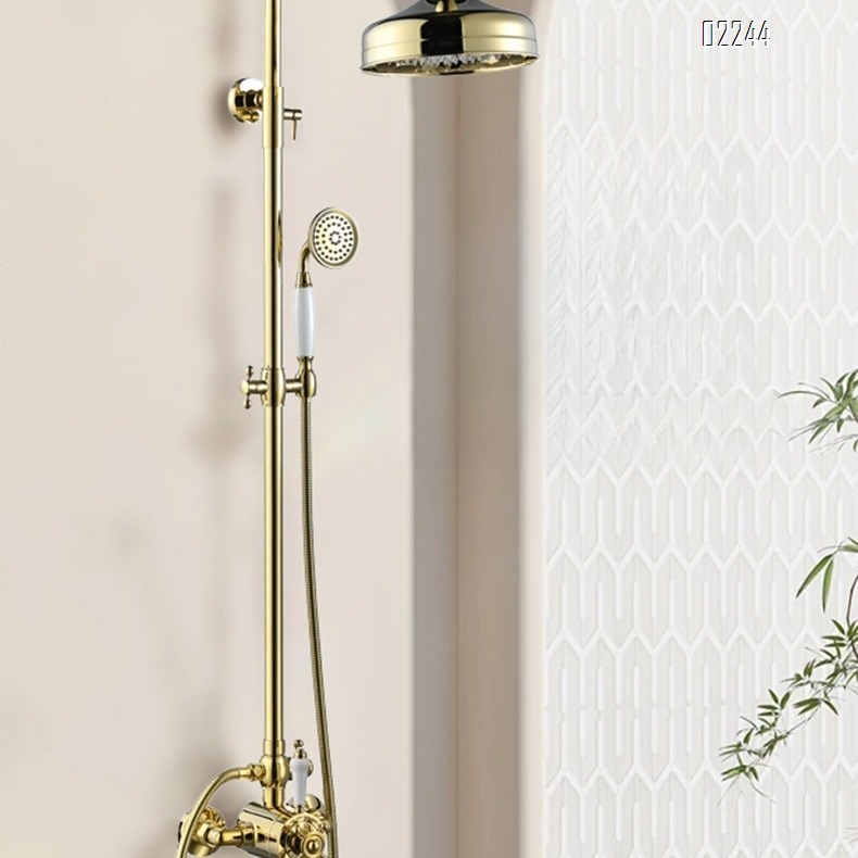 European Luxury Gold Retro Thermostatic Shower Head Set for Home Use Adjustable Brass Tap