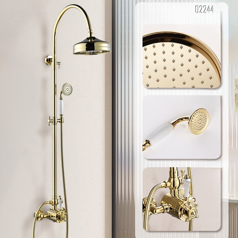 European Luxury Gold Retro Thermostatic Shower Head Set for Home Use Adjustable Brass Tap