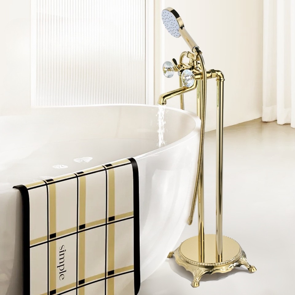 Brass Floor-Standing Freestanding Hot and Cold Water Bathtub Faucet Wooden Side Standing Shower Faucet Tap