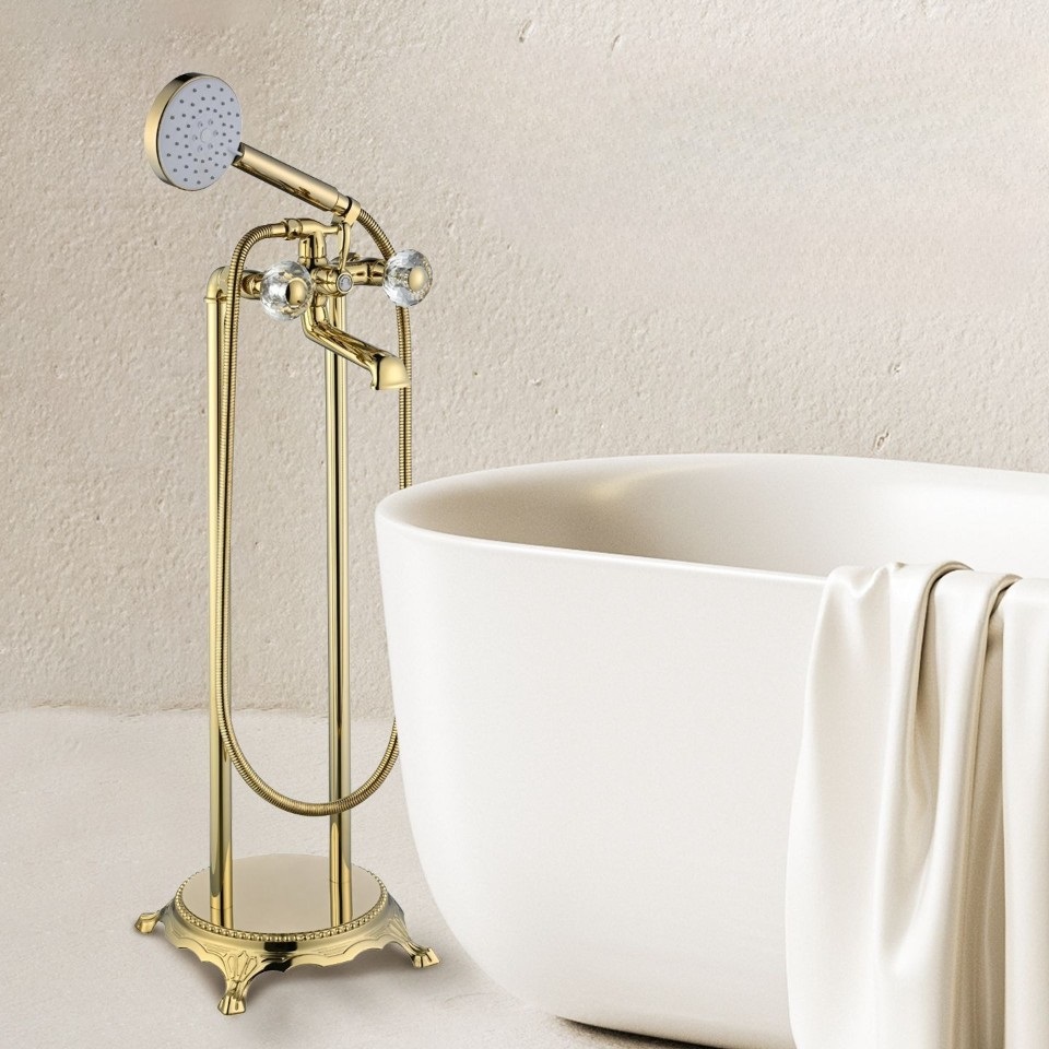 Brass Floor-Standing Freestanding Hot and Cold Water Bathtub Faucet Wooden Side Standing Shower Faucet Tap
