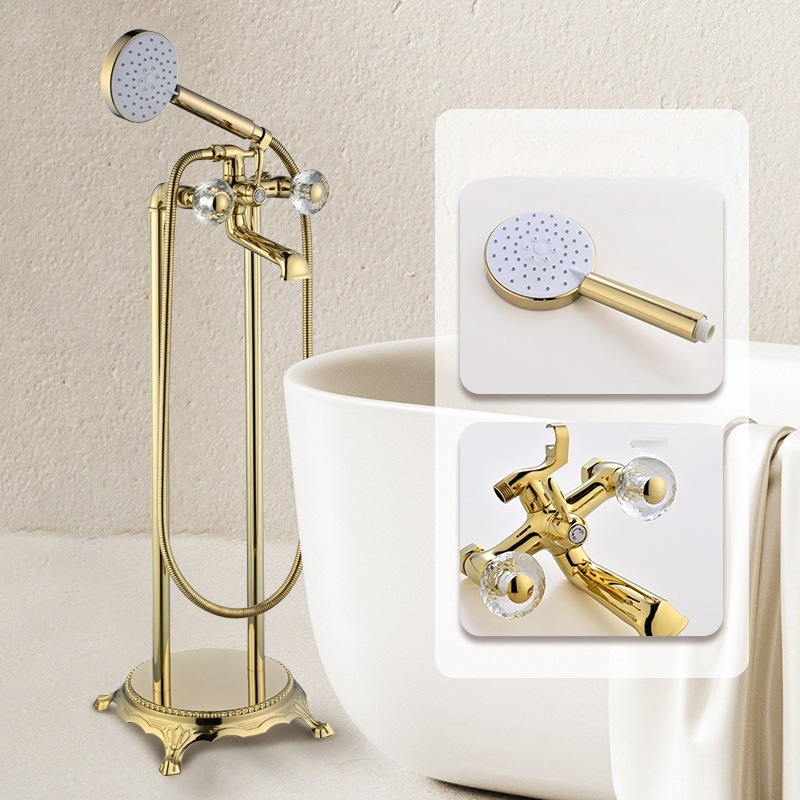 Brass Floor-Standing Freestanding Hot and Cold Water Bathtub Faucet Wooden Side Standing Shower Faucet Tap