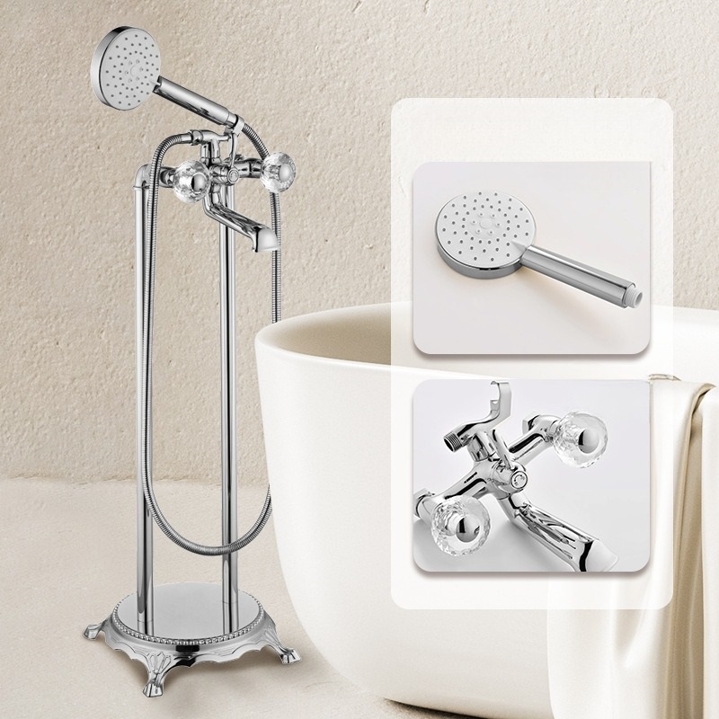 Brass Floor-Standing Freestanding Hot and Cold Water Bathtub Faucet Wooden Side Standing Shower Faucet Tap
