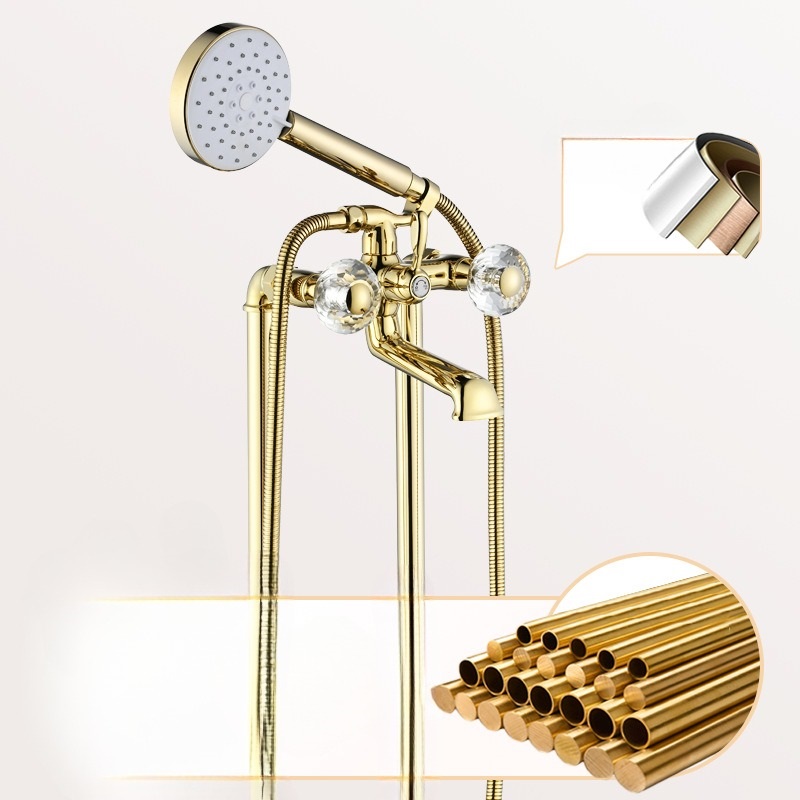 Brass Floor-Standing Freestanding Hot and Cold Water Bathtub Faucet Wooden Side Standing Shower Faucet Tap