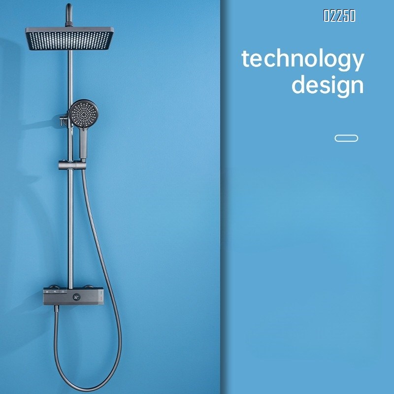 Brass Gun Gray Shower Set with Pressure-Boosting Showerhead for Bathroom and Toilet Piano Digital Display Tap