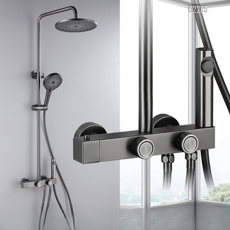 All-Brass Square Bathroom Shower Head Set High-Pressure Gun Gray Constant Temperature Shower Set